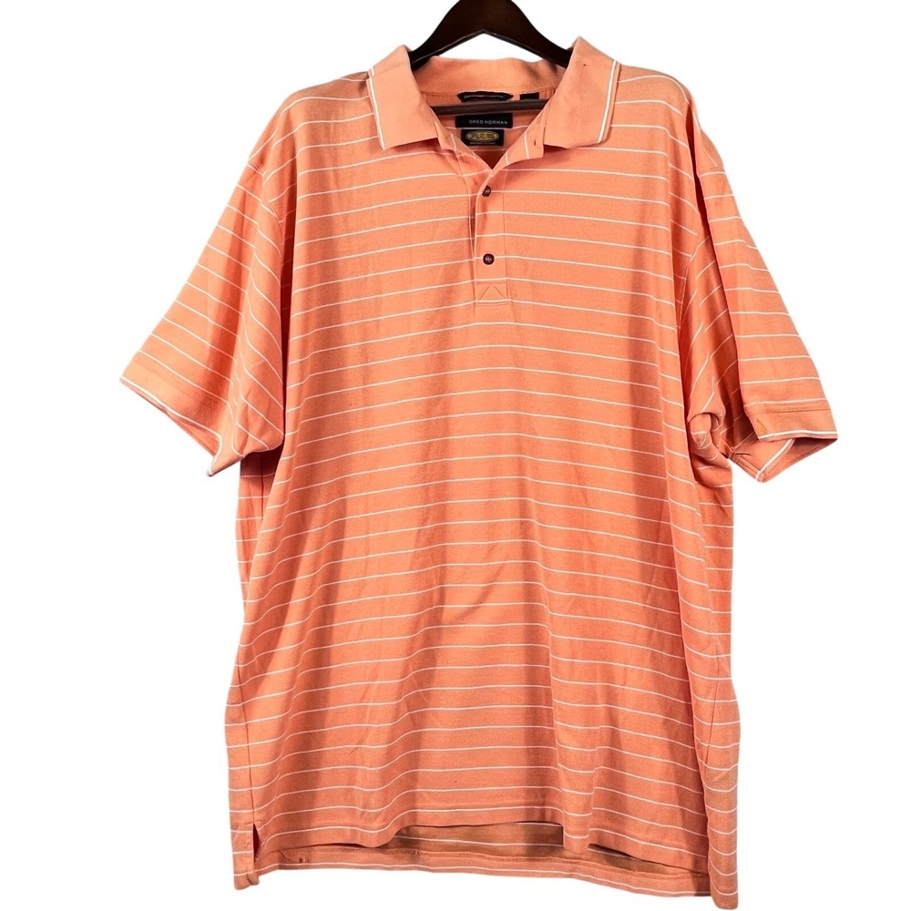 Greg Norman Mens XXLT Polo Shirt Play Dry Moisture Wicking Orange Striped Golf